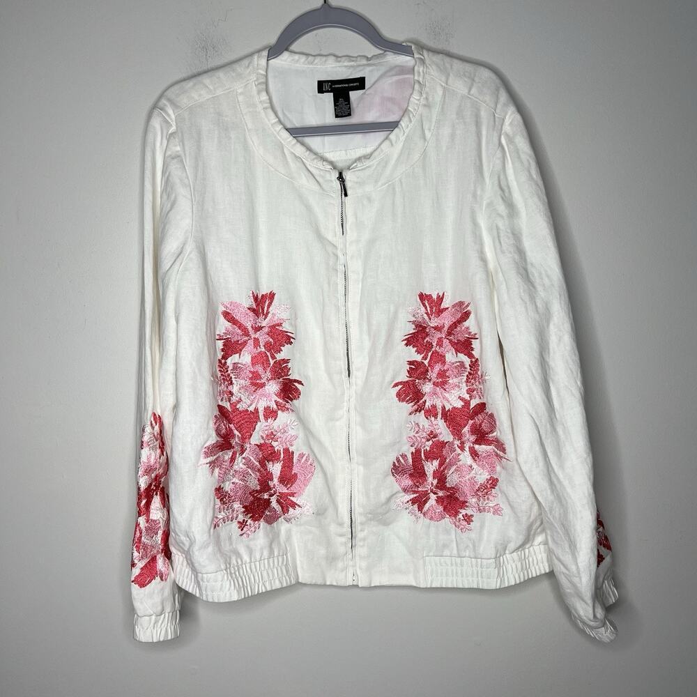 INC Jacket Womens XL White Pink Floral Embroidery Linen Zip Up Casual Bohemian